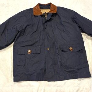Vintage Triple Jacket Mens Large Navy Blue Coat Leather Collar Doubled Lined